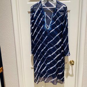 Sheer Navy Silk Beaded Indian Style Dress/Caftan